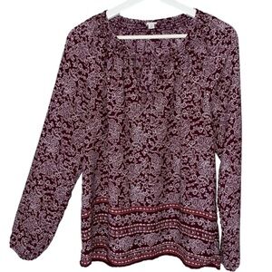 GAP Peasant Top Long Sleeve Tassel Tie Neck Burgundy White Floral Women Size M